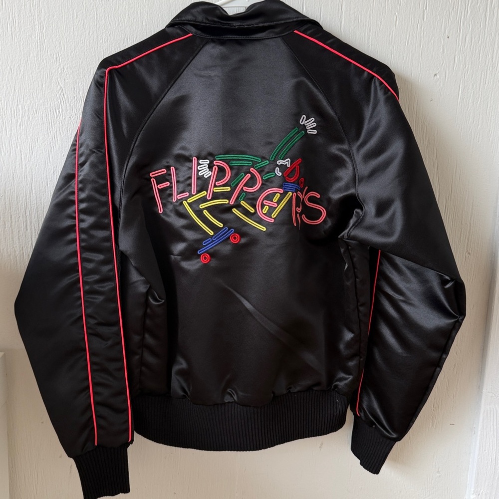 Black Satin Bomber Jacket with Neon 'Flipper's' Embroidery